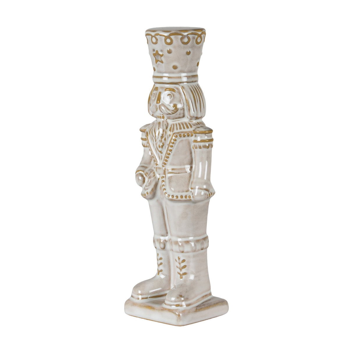 Hill Interiors ceramic nutcracker figure in white with gold-toned detailing on the crown, uniform and boots, shown against a plain white background.