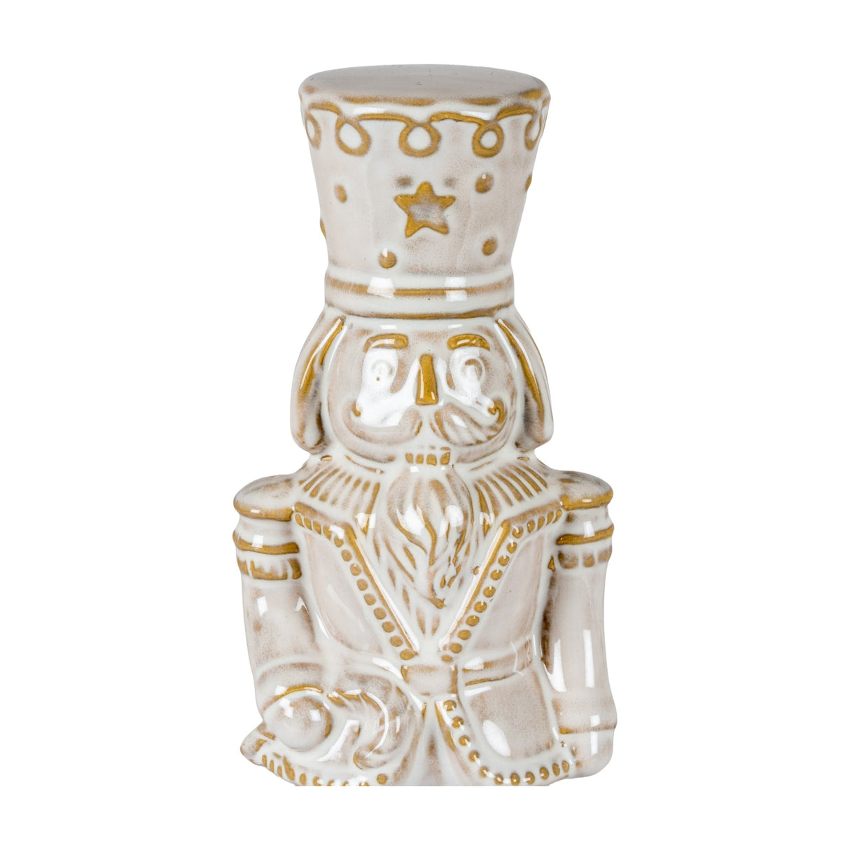Hill Interiors Ceramic Nutcracker figure in white with gold-toned detailing, star motif on hat and moustached soldier styling, shown on a plain background.