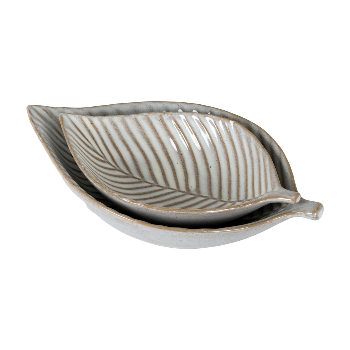 Hill Interiors Ceramic Elm Leaf Large Dish in white, two nested leaf-shaped bowls with raised veining and glazed finish, on a plain white background.