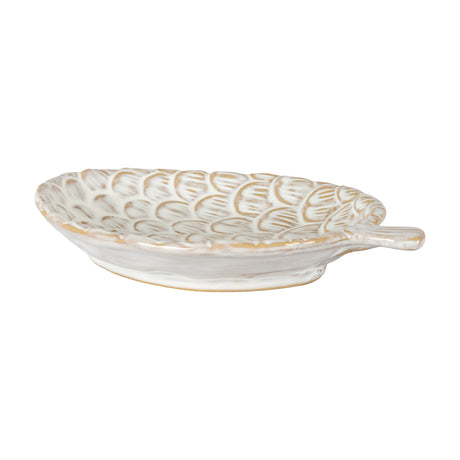 Hill Interiors Ceramic Pinecone Medium Dish in white with textured scale detailing and a small stem handle, shown from a low angle on a plain background.