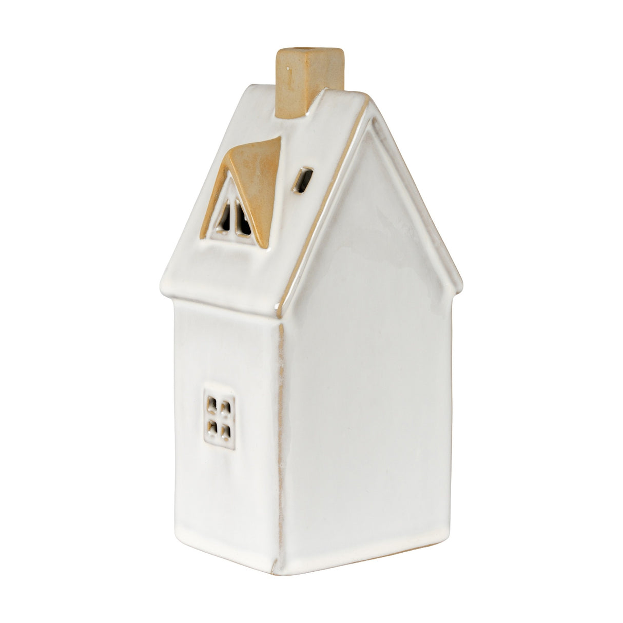 Hill Interiors ceramic large townhouse LED light in white glaze with pitched roof, dormer window and chimney, shown against a plain white background.