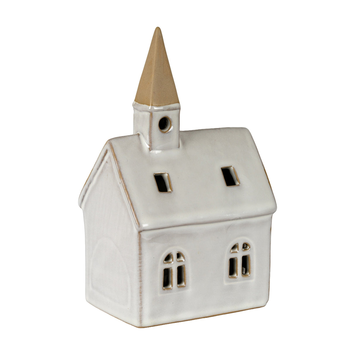 Hill Interiors ceramic church LED light in white with peaked roof, arched windows and slender tower with tan spire, shown on a plain background.