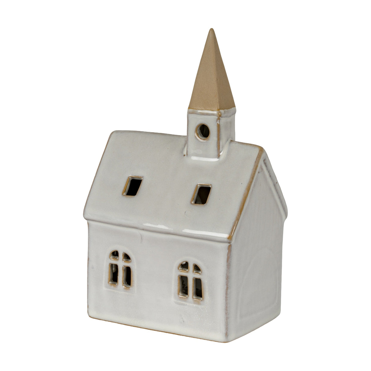 Hill Interiors Ceramic Church LED Light in white with peaked roof, arched windows and slender tower, shown on a plain background.