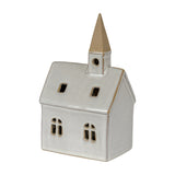 Hill Interiors Ceramic Church LED Light in white with peaked roof, arched windows and slender tower, shown on a plain background.