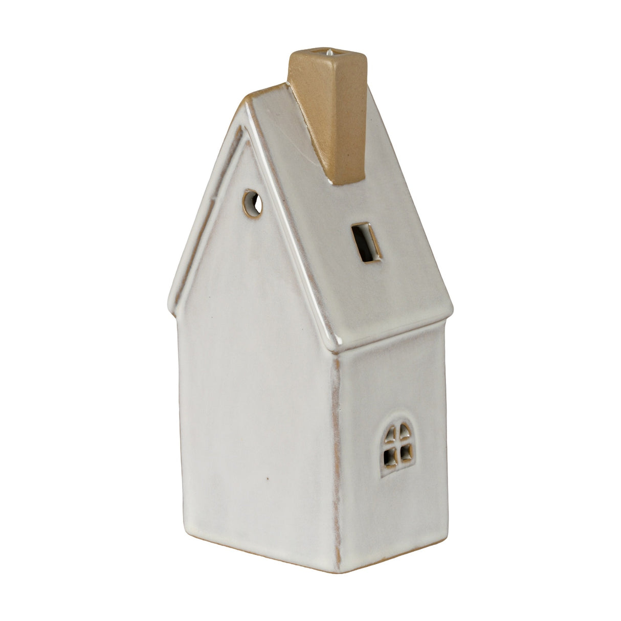 Hill Interiors ceramic medium townhouse with white glaze, pitched roof, chimney and cut-out windows for LED light, shown on a plain white background.