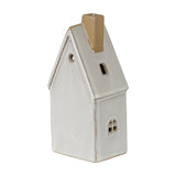 Hill Interiors ceramic medium townhouse with white glaze, pitched roof, chimney and cut-out windows for LED light, shown on a plain white background.