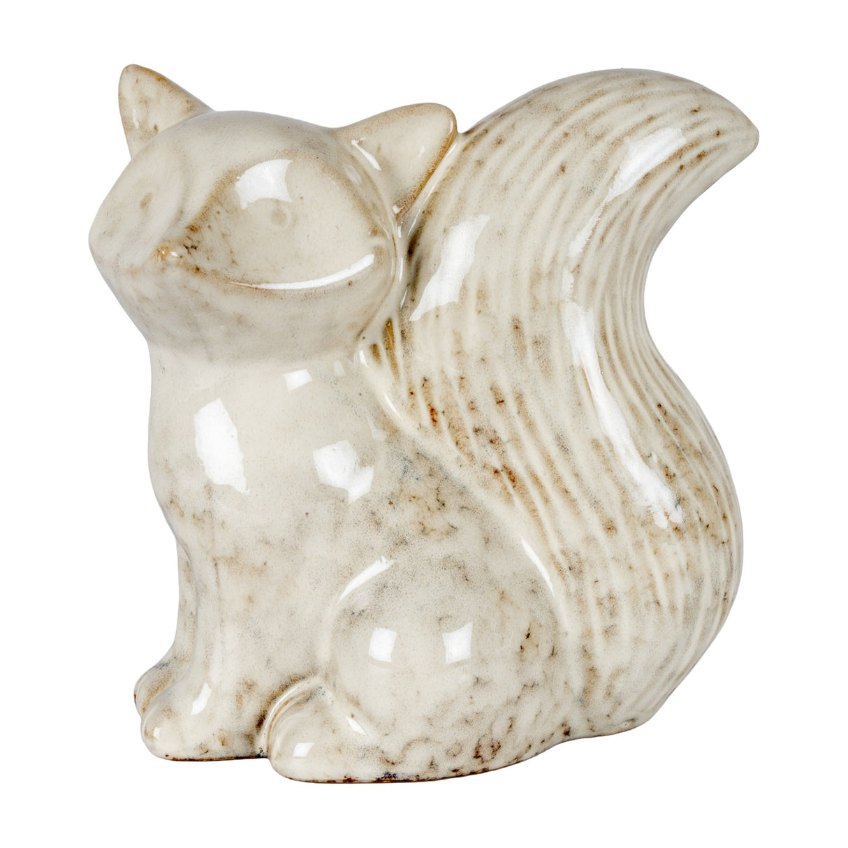 Hill Interiors ceramic fox ornament in a white glaze with subtle speckling, head turned left with a bushy curved tail, shown on a plain background.