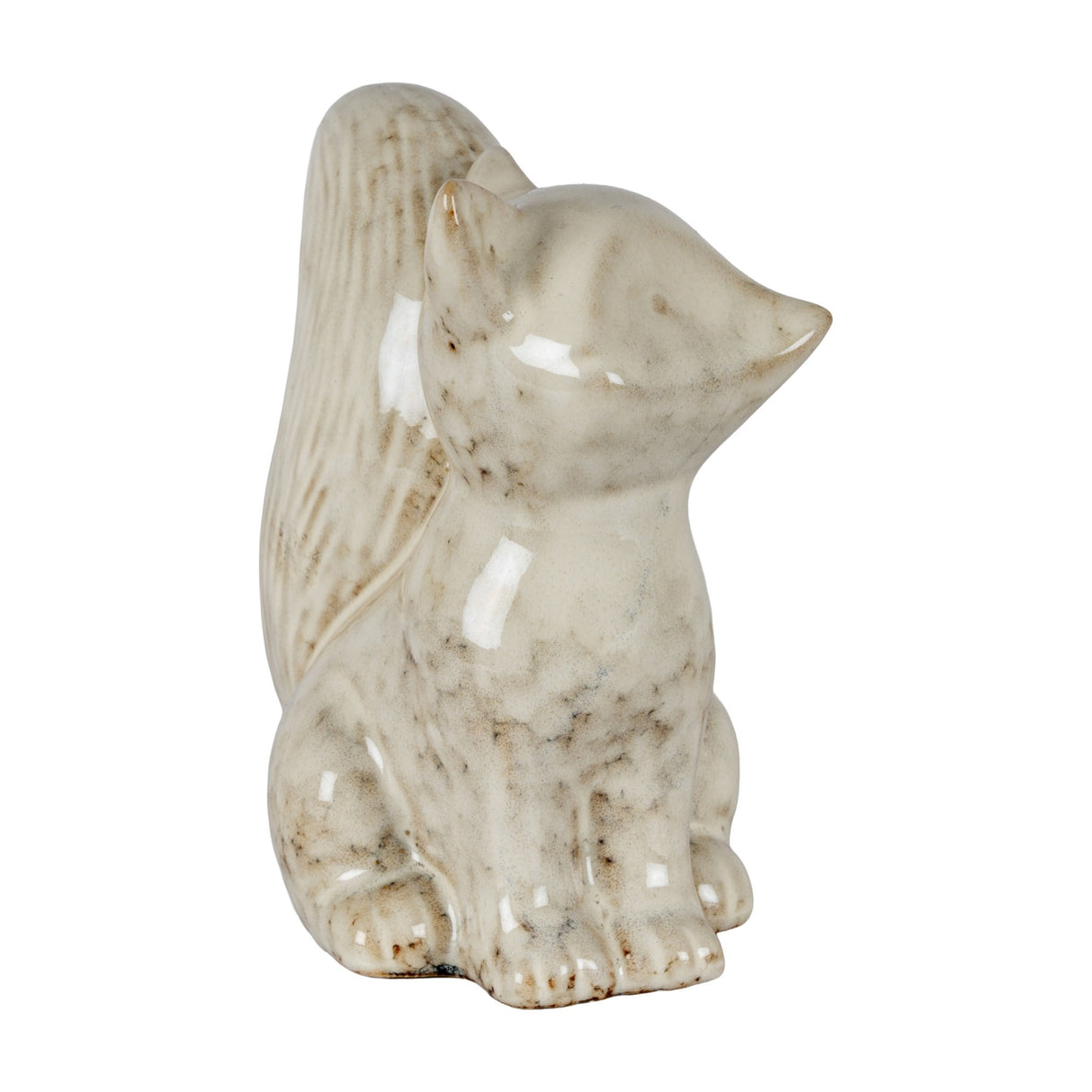 Hill Interiors ceramic fox ornament in a white glaze with subtle grey mottling, seated with bushy tail raised and head turned upward, on a plain background.