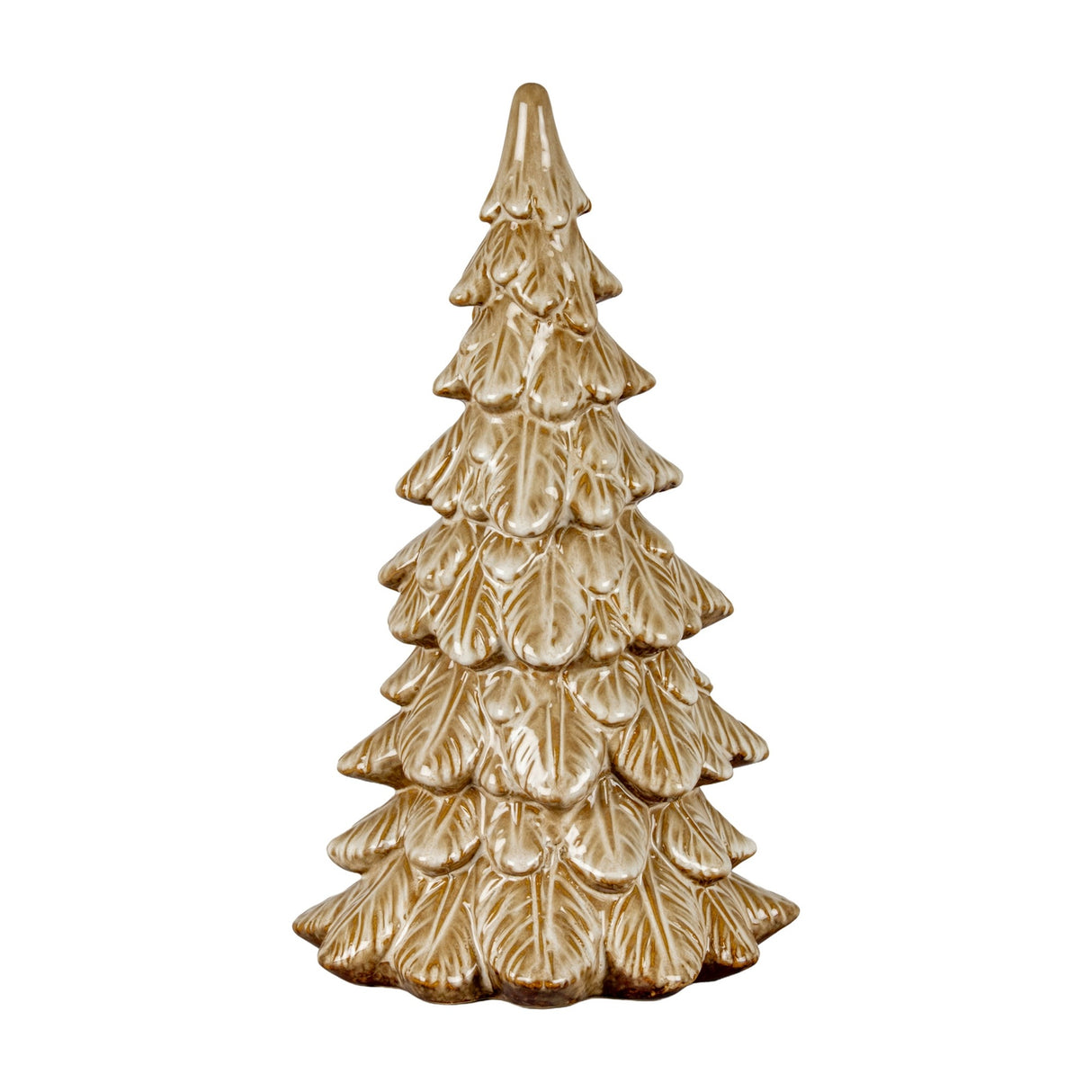 Hill Interiors large ceramic Christmas tree ornament in glossy brown glaze, sculpted with tiered conifer branches, shown against a plain white background.