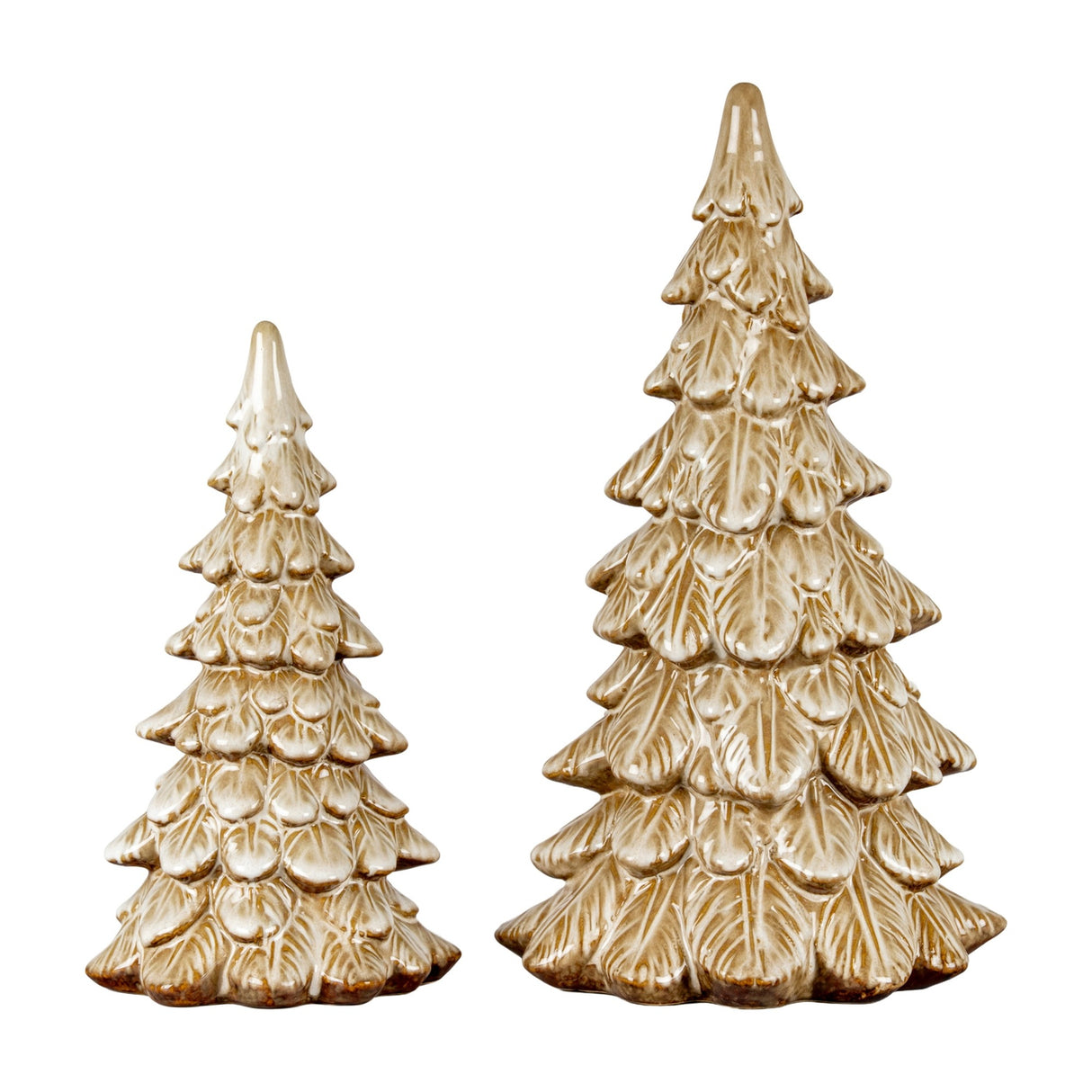 Hill Interiors Large Ceramic Tree Ornaments in brown glaze, shown as two sculptural conifer shapes in different heights on a plain white background.