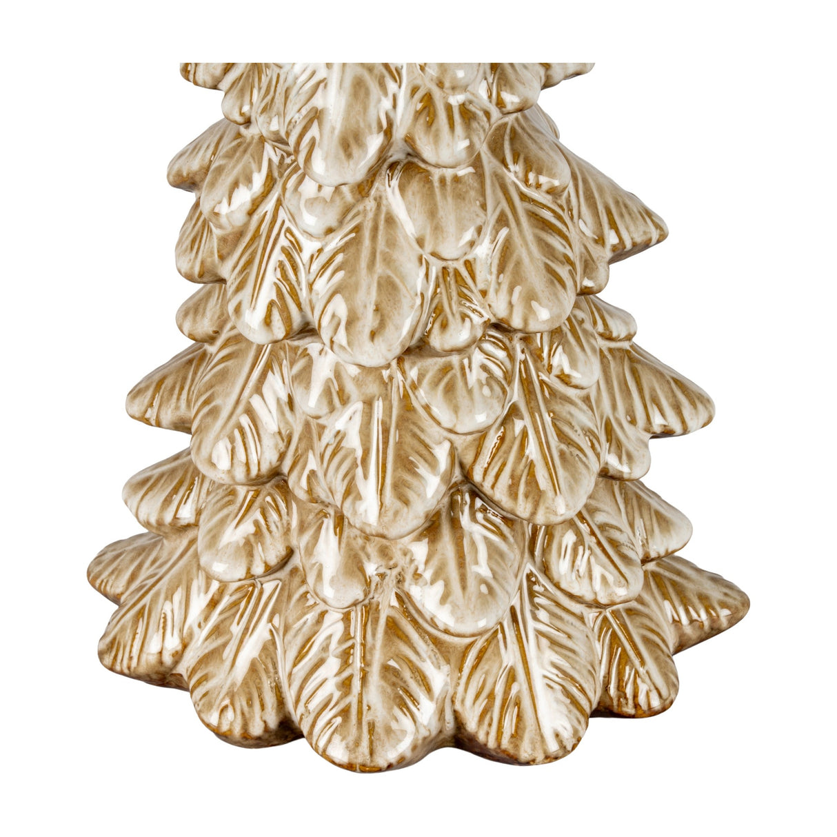 Close-up of the lower tiers of Hill Interiors Large Ceramic Tree Ornament in brown, showing layered branches with a glossy glazed finish.
