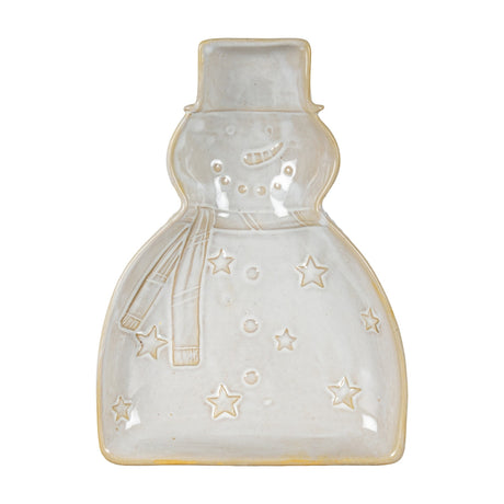 Hill Interiors Ceramic Snowman Dish in white, a shallow snowman-shaped serving piece with embossed scarf, buttons and stars, shown on a plain background.