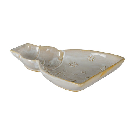 Hill Interiors ceramic snowman dish in white glaze, shaped as a reclining snowman with embossed stars, shown on a plain white background.