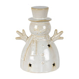 Hill Interiors ceramic medium snowman LED light in white with top hat, scarf and star cut-outs, shown on a plain background.