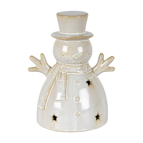 Hill Interiors ceramic medium snowman LED light in white with top hat, scarf and star cut-outs, shown on a plain background.