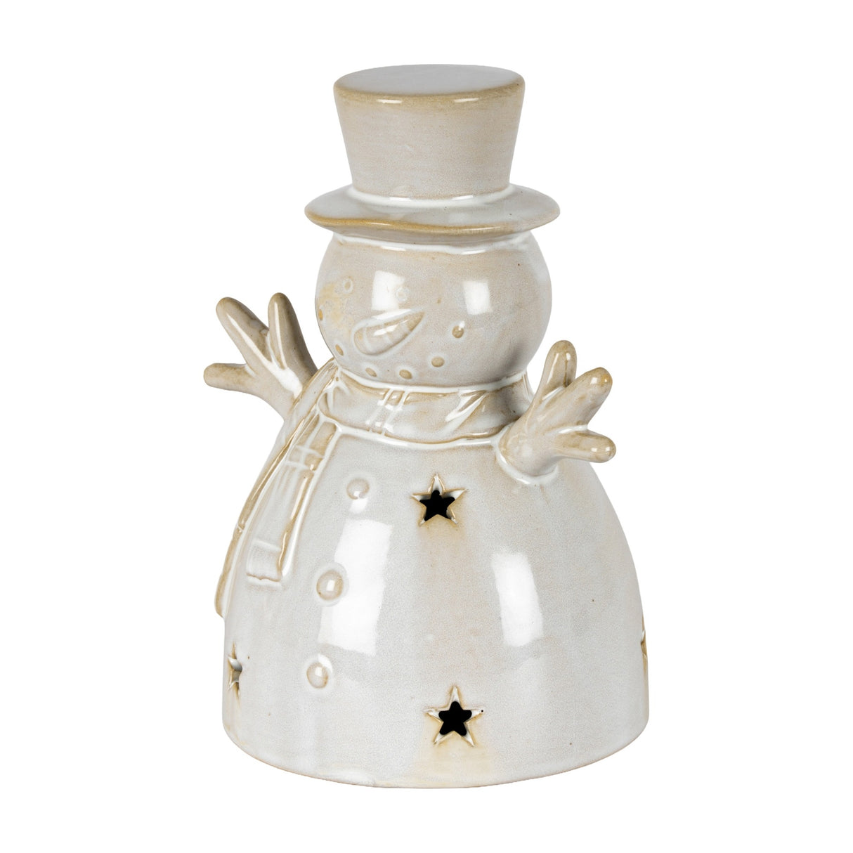 Hill Interiors ceramic medium snowman LED light in white, with top hat, scarf and star cut-outs, shown on a plain white background.