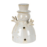 Hill Interiors ceramic medium snowman LED light in white, with top hat, scarf and star cut-outs, shown on a plain white background.