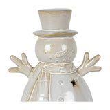 Hill Interiors ceramic snowman LED light in white with top hat, scarf, outstretched arms and star cut-out, shown close-up on a plain background.