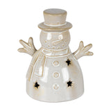 Hill Interiors ceramic small snowman LED light in white glaze with top hat, scarf, outstretched arms and star cut-outs, on a plain background.