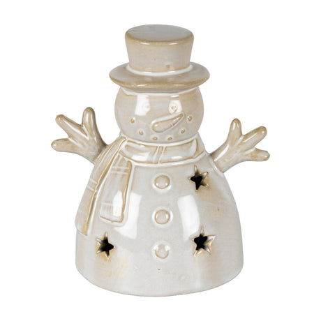 Hill Interiors ceramic small snowman LED light in white glaze with top hat, scarf, outstretched arms and star cut-outs, on a plain background.