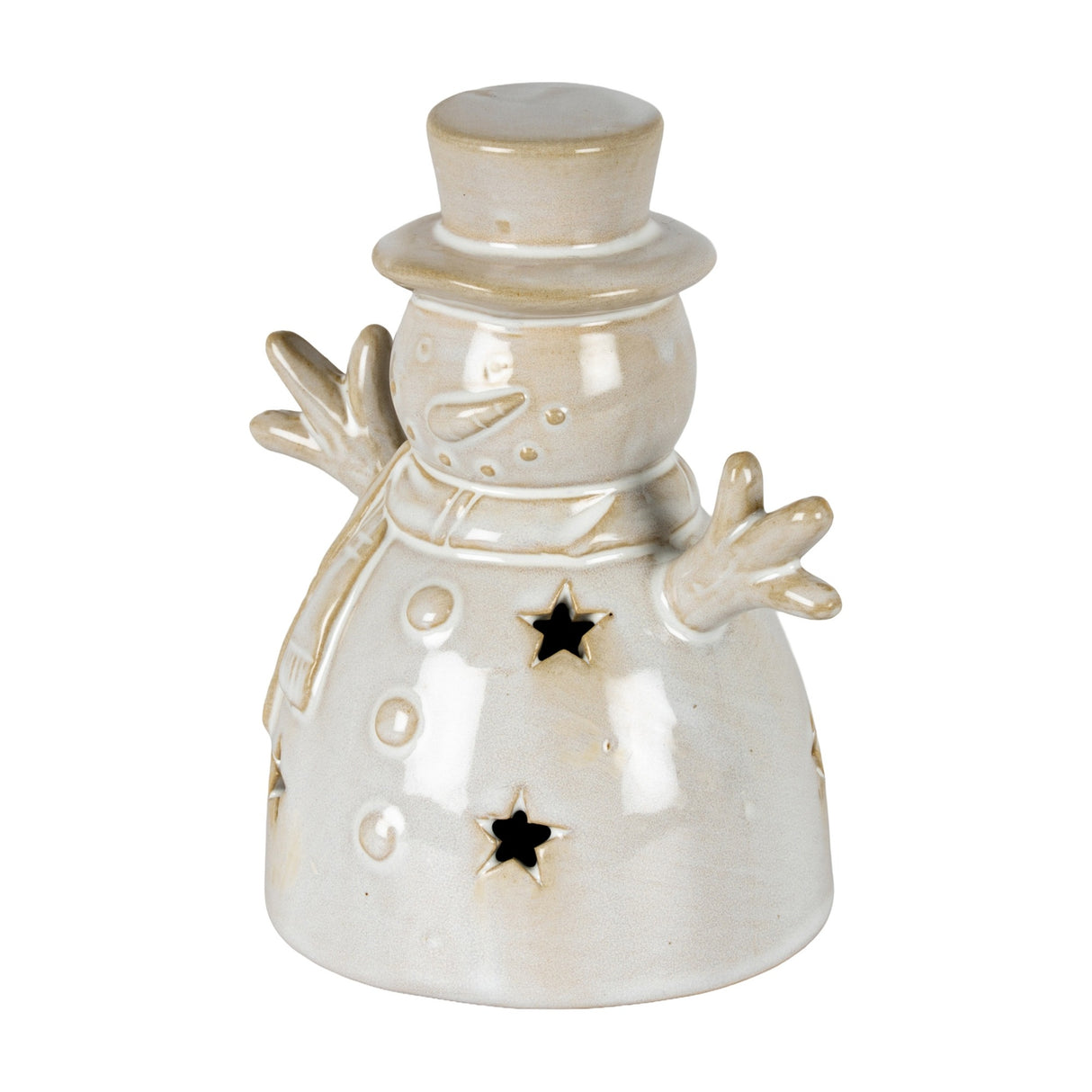 Hill Interiors small white ceramic snowman LED light with top hat, scarf and star cut-outs, glazed finish, shown on a plain background.