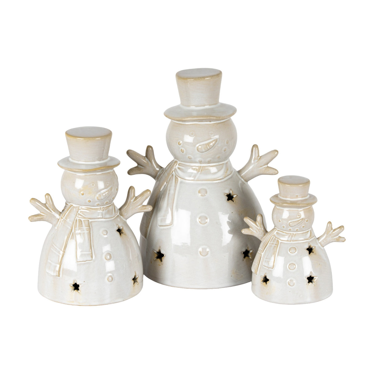 Hill Interiors ceramic snowman LED lights in white glaze with top hats, scarves and star cut-outs, shown in three sizes on a plain white background.