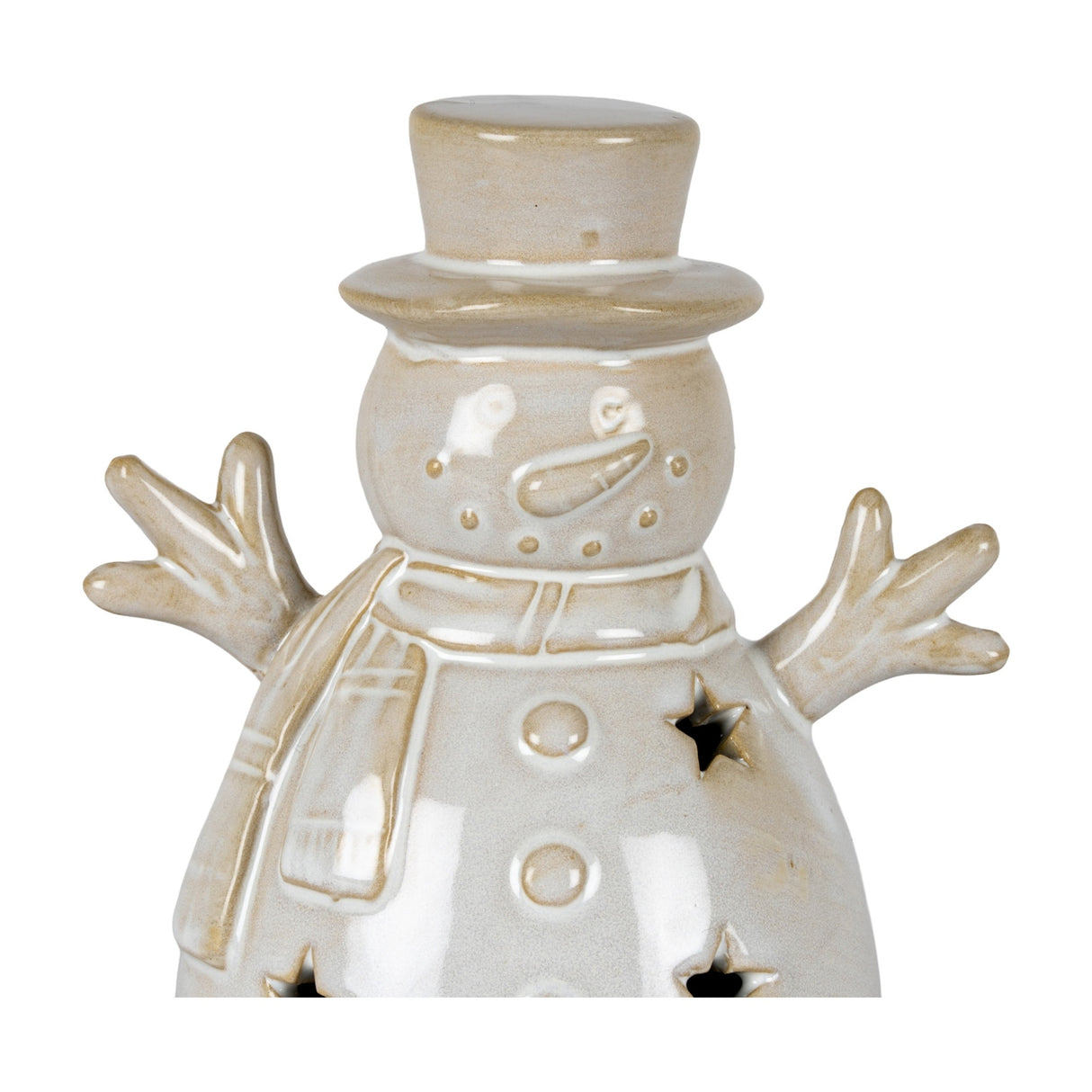 Hill Interiors ceramic small snowman LED light in white glaze with top hat, scarf and star cut-outs, shown close-up on a plain white background.