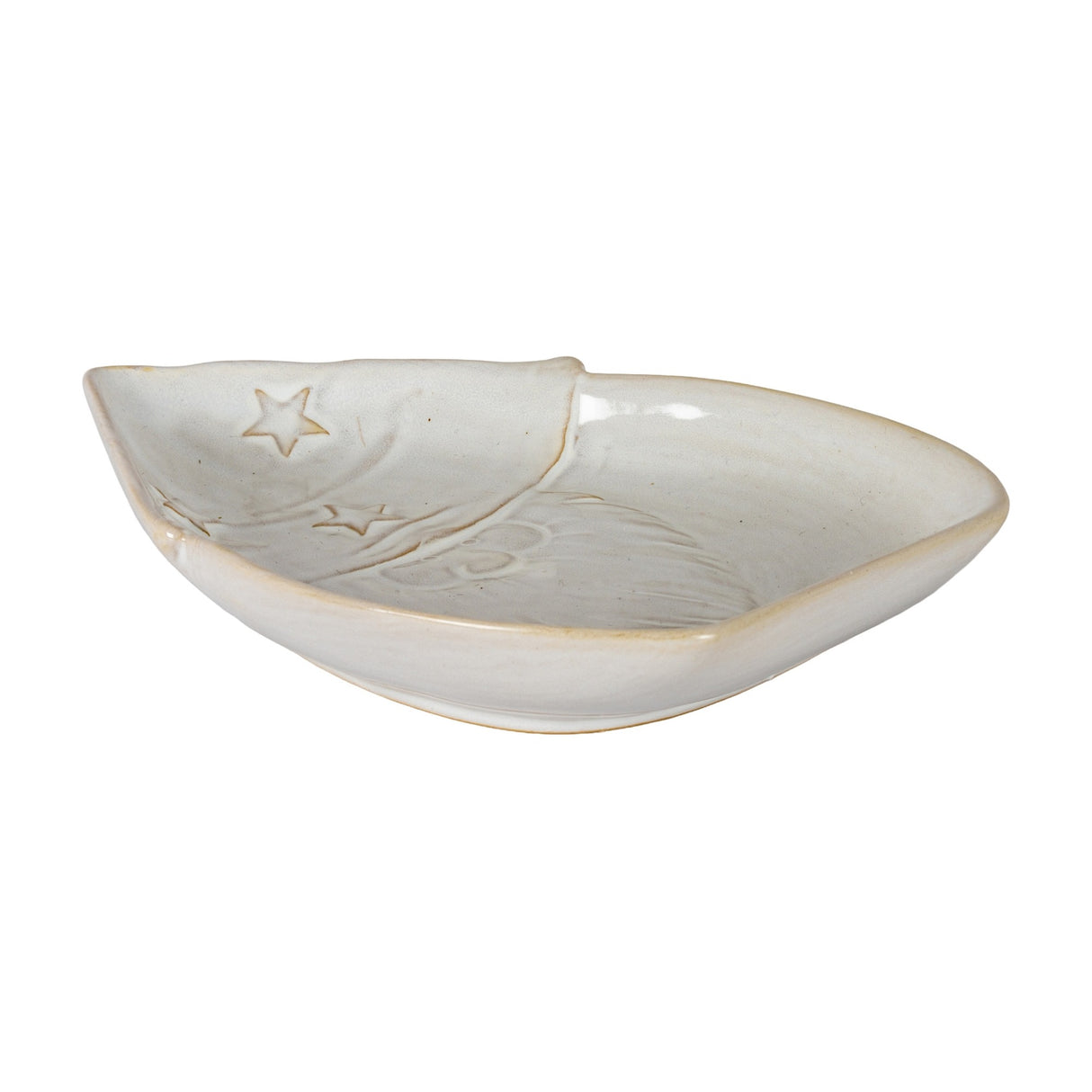 Hill Interiors Ceramic Santa Dish in white, a shallow oval serving piece with moulded star and Santa detailing under a glazed finish, on a white background.