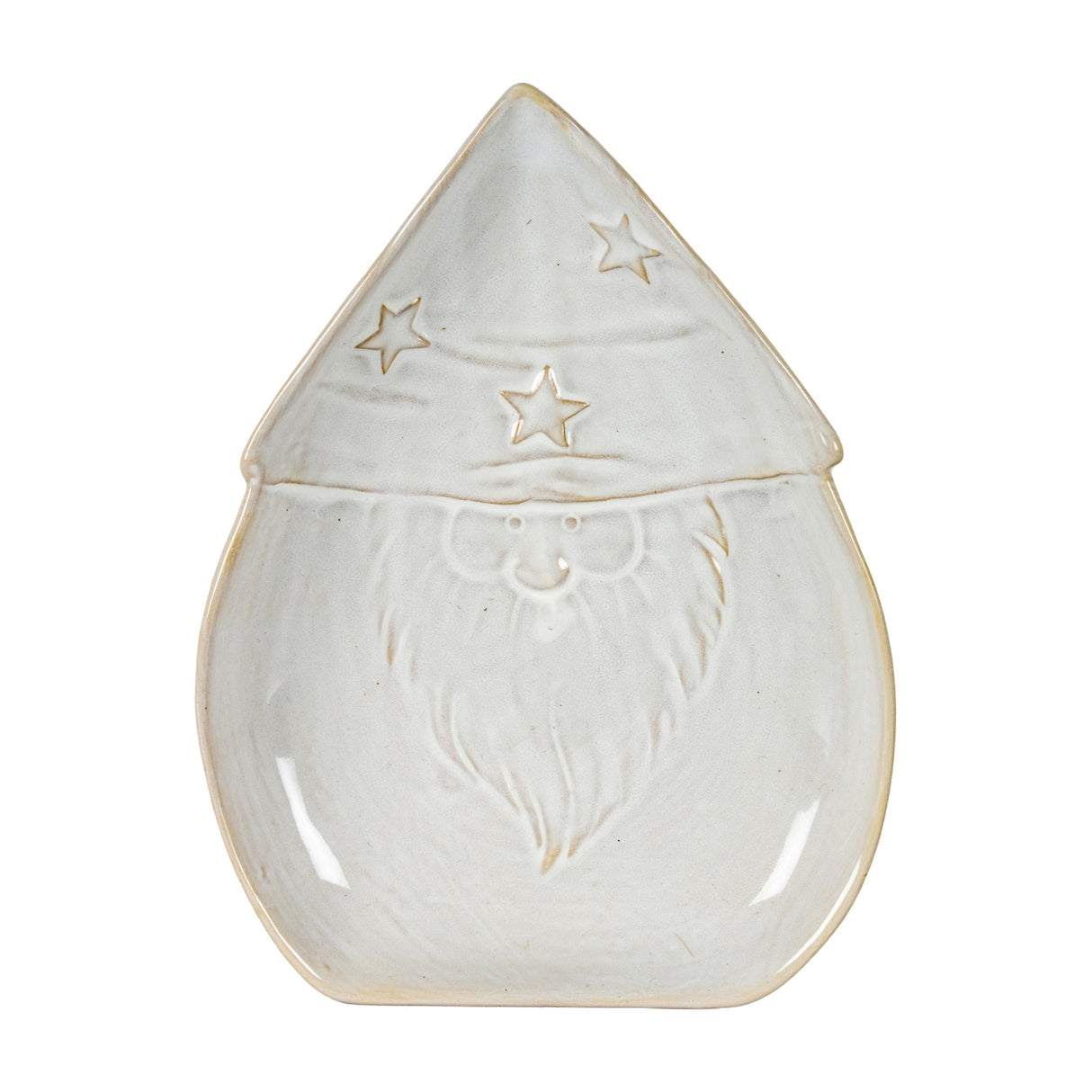 Hill Interiors Ceramic Santa Dish in white glaze, shallow moulded tray shaped as a bearded Santa with a star-detailed pointed hat, on a plain background.