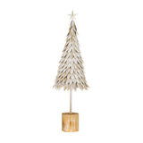 Hill Interiors medium white metal Christmas tree with layered leaf design, star topper and round wooden base, shown against a plain white background.