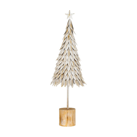 Hill Interiors medium white metal Christmas tree with layered leaf design, star topper and round wooden base, shown against a plain white background.