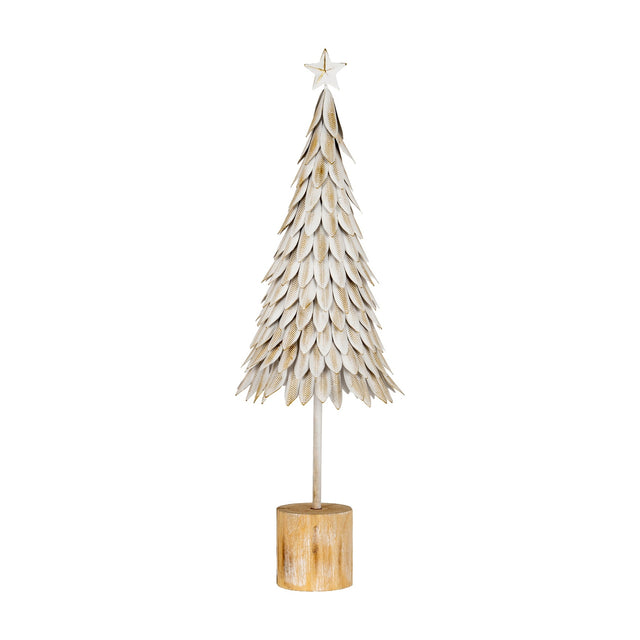 Hill Interiors medium white metal Christmas tree with layered leaf design, star topper and round wooden base, shown against a plain white background.