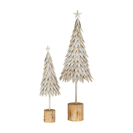 Hill Interiors medium and large white metal Christmas trees with layered leaf detailing and star toppers on wooden stands, shown on a white background.