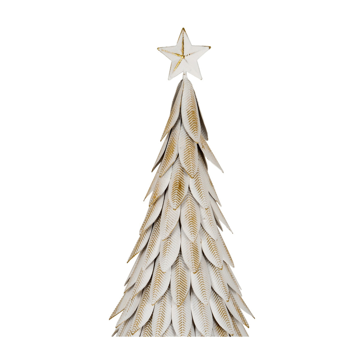 Hill Interiors medium white metal Christmas tree with layered leaf-shaped branches and a gold-edged star topper, shown against a plain white background.