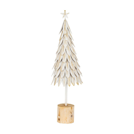 Hill Interiors Large White Metal Christmas Tree with layered leaf-shaped branches, gold-tipped edges, star topper and turned wooden base on a white background.
