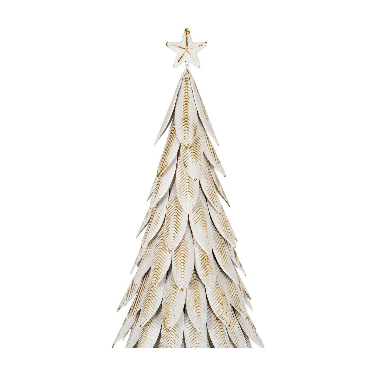 Hill Interiors large white metal Christmas tree with layered leaf-shaped branches and gold detailing, topped with a white star, on a plain background.