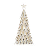 Hill Interiors large white metal Christmas tree with layered leaf-shaped branches and gold detailing, topped with a white star, on a plain background.