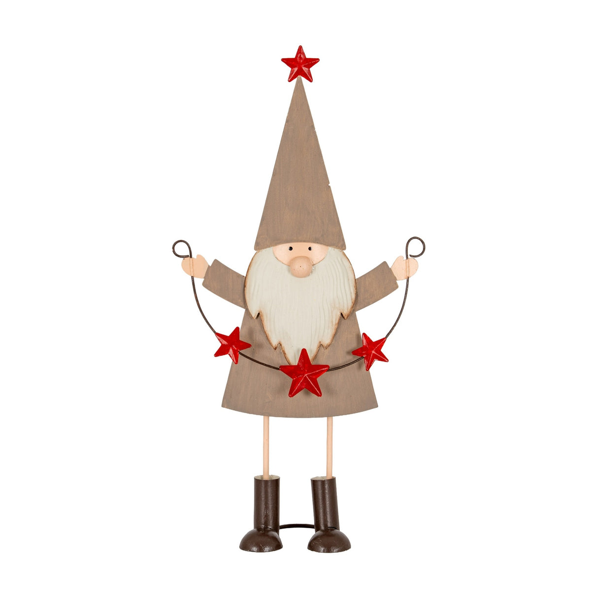Hill Interiors Cheeky Metal Elf figure in brown with pointed star-topped hat, white beard and trailing red star garland on a white background.