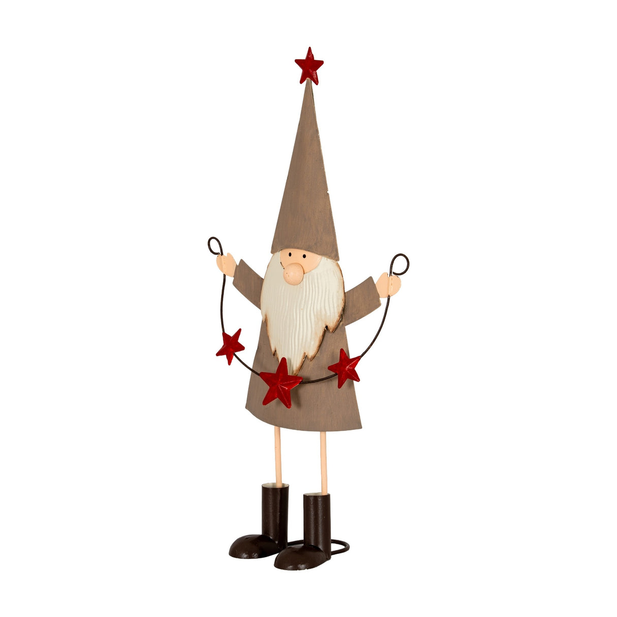 Hill Interiors Cheeky Metal Elf figure in brown with tall pointed hat, white beard and red star garland held between raised hands, on a white background.