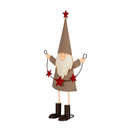 Hill Interiors Cheeky Metal Elf figure in brown with tall pointed hat, white beard and red star garland held between raised hands, on a white background.