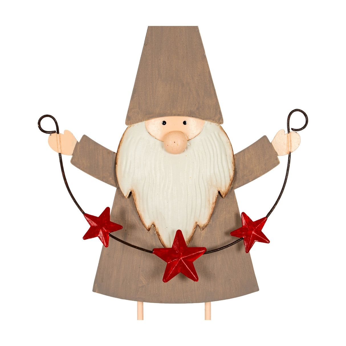 Hill Interiors Cheeky Metal Elf figure in brown with white beard, pointed hat and raised arms holding a red star garland, on a white background.