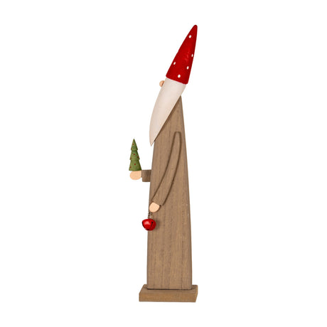 Hill Interiors wooden festive elf in brown with a red polka-dot pointed hat, white beard, small green tree and red jingle bell, shown on a plain background.