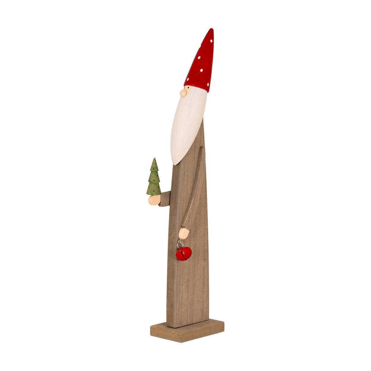 Hill Interiors wooden festive elf in brown with a red polka dot hat, white beard, holding a green tree and a red jingle bell, on a plain background.