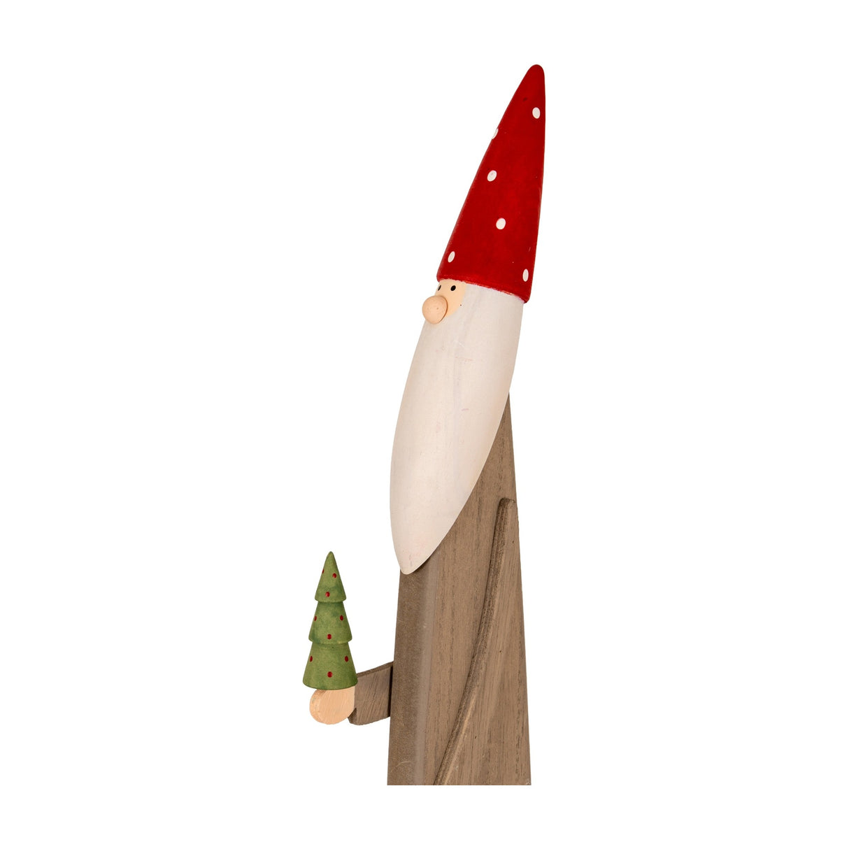 Hill Interiors wooden festive elf figure in brown with a red white-spotted pointed hat, long white beard, holding a small green tree, on a white background.