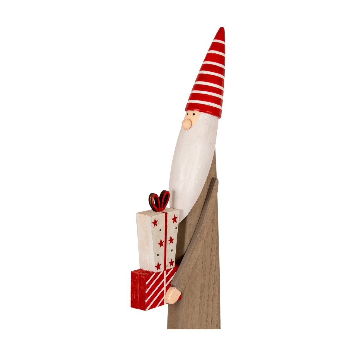 Hill Interiors wooden festive elf in brown with a red and white striped pointed hat, long white beard, holding stacked star-patterned gifts, on white.