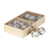 Hill Interiors Twelve Metal Bells in Wooden Box in white, with distressed jingle bells and jute ties displayed in a light wooden tray on a white background.