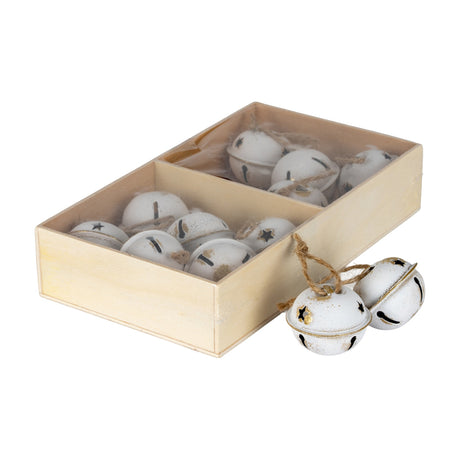 Hill Interiors Twelve Metal Bells in Wooden Box in white, with distressed jingle bells and jute ties displayed in a light wooden tray on a white background.