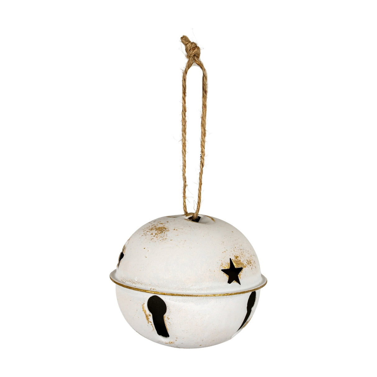 Hill Interiors white metal jingle bell ornament with star and teardrop cutouts, gold-edged rim and jute hanging cord, shown on a plain background.