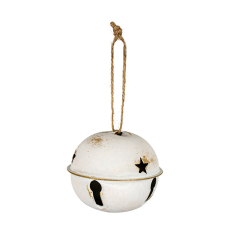Hill Interiors white metal jingle bell ornament with star and teardrop cutouts, gold-edged rim and jute hanging cord, shown on a plain background.