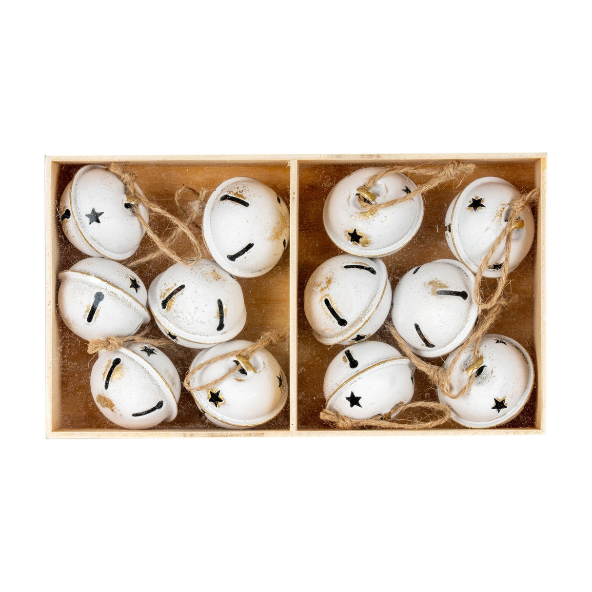 Hill Interiors set of twelve white metal jingle bells with star cut-outs and jute ties, presented in a divided wooden box.